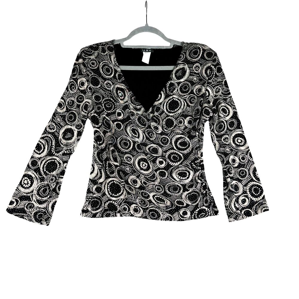 MSK Shirt Women's Medium Black V-Neck 3/4 Sleeves Glitter Shoulder Pads Top NWT